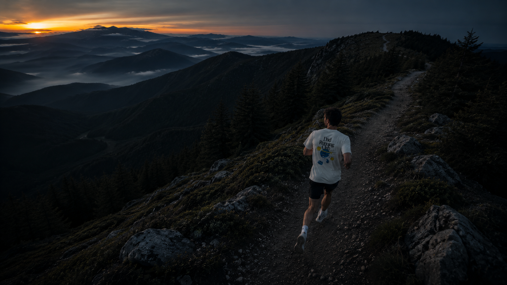 A dad running a trail at dawn